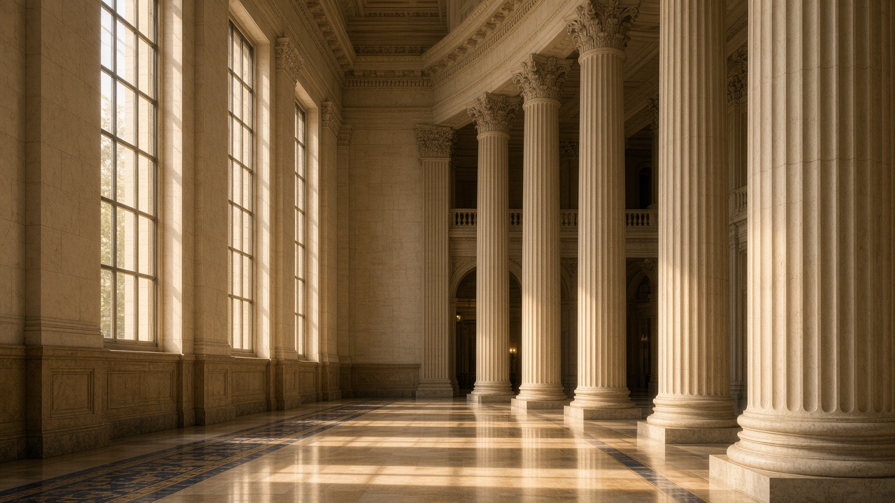 Pale stone courthouse in morning light