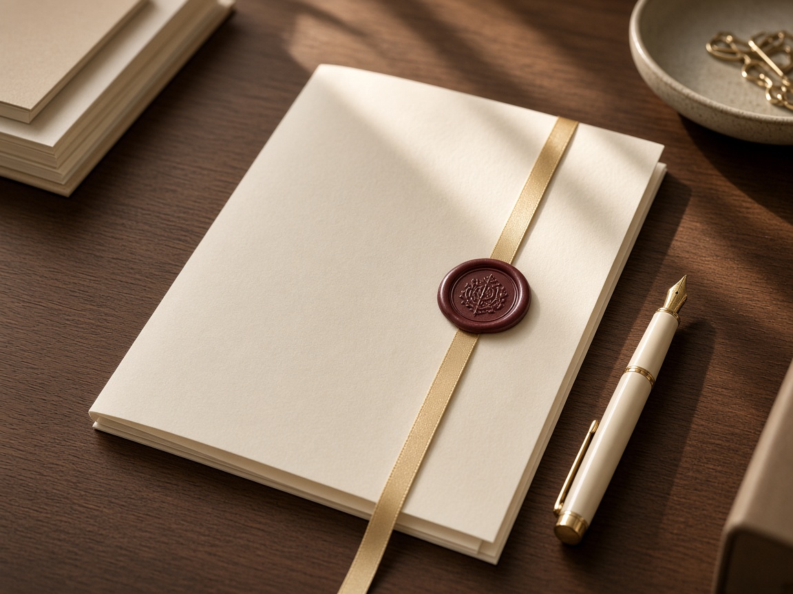 Sealed cream folder and fountain pen on a sunlit desk