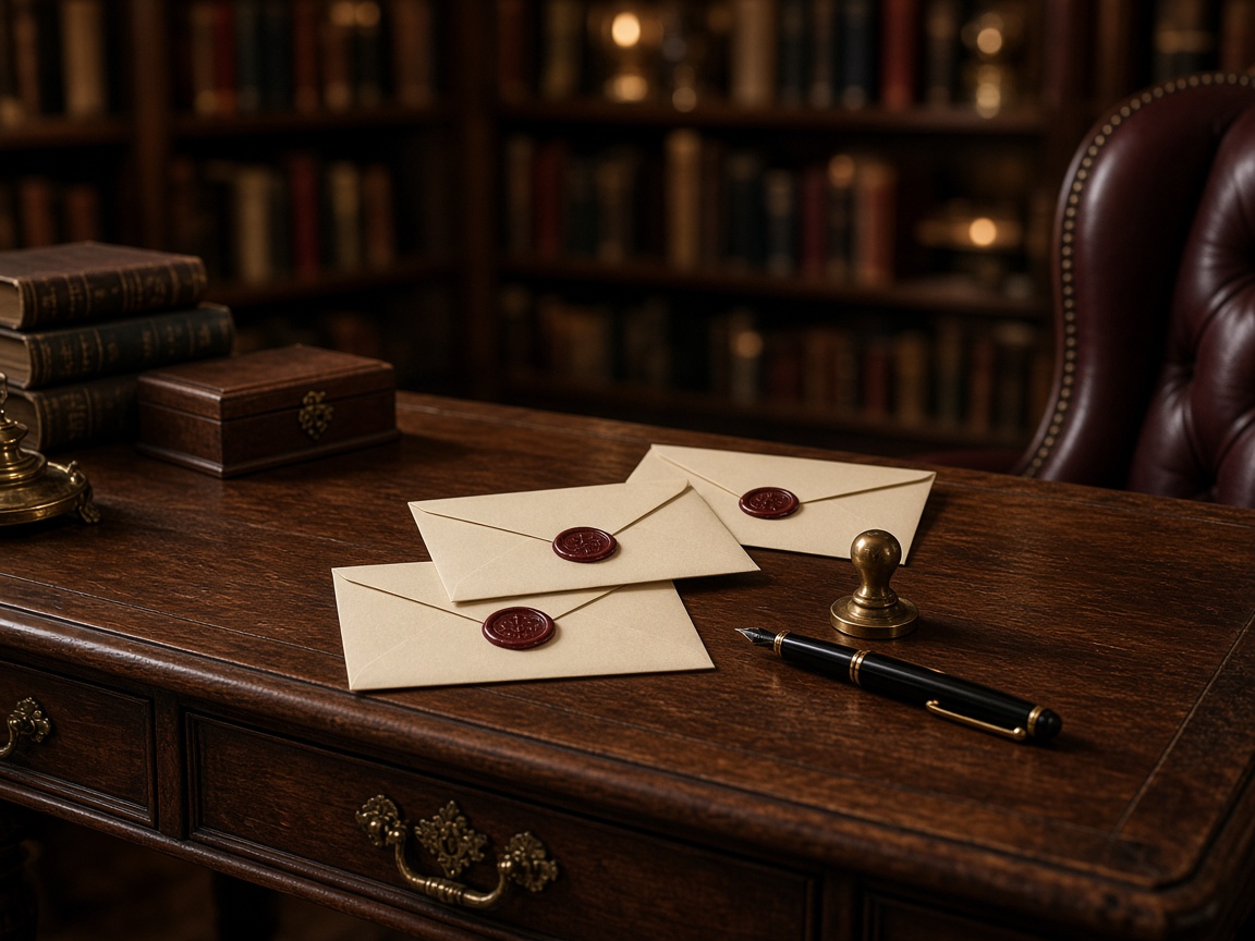 Sealed envelopes and a fountain pen on an estate desk