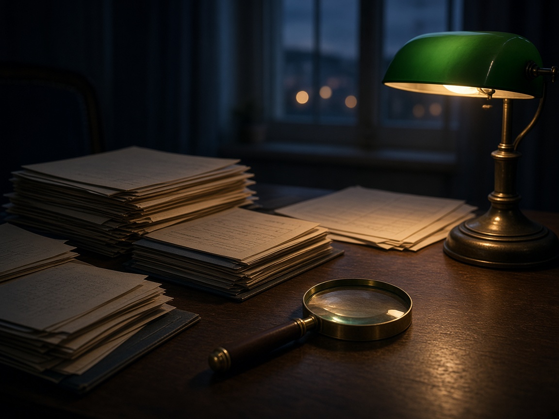 Ledgers and a magnifying glass on an investigation desk