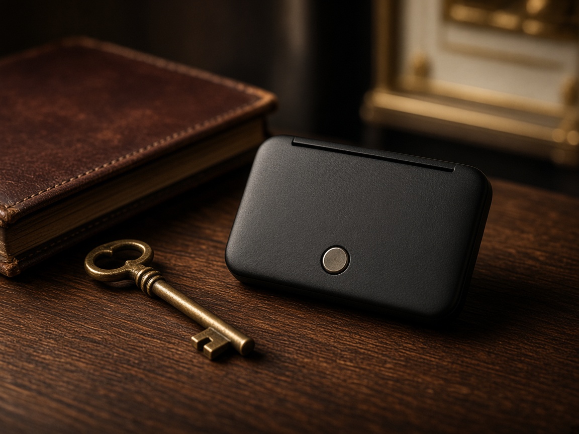 Hardware wallet and brass key on a walnut desk