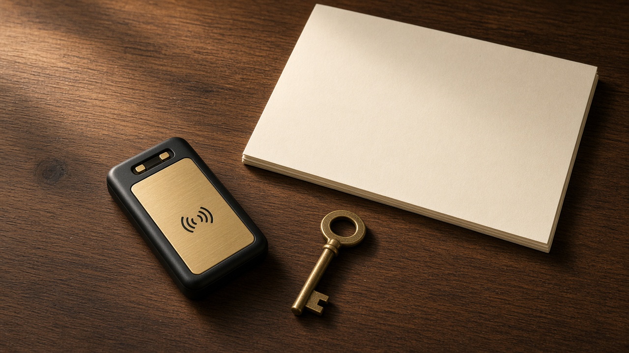 Hardware wallet and key arranged on a walnut desk